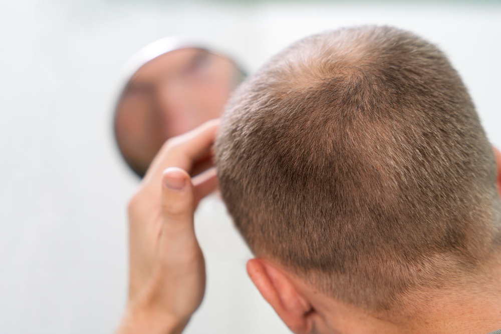 Parte superior da cabeça de homem com sinais visíveis de queda de cabelo e rarefação capilar