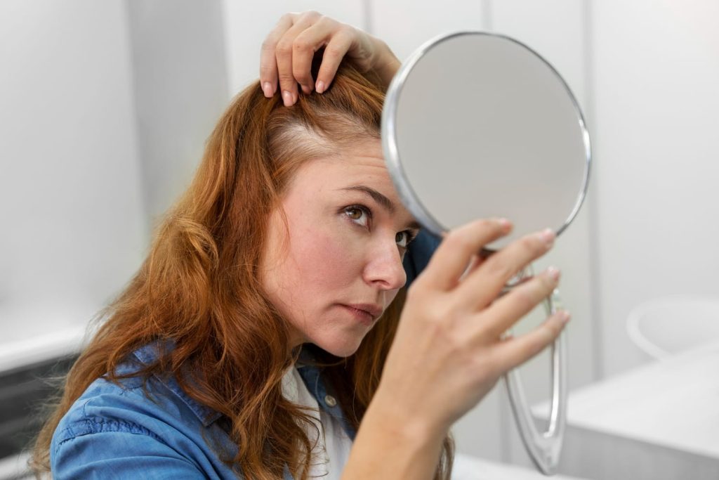 Mulher a observar queda de cabelo no couro cabeludo ao espelho