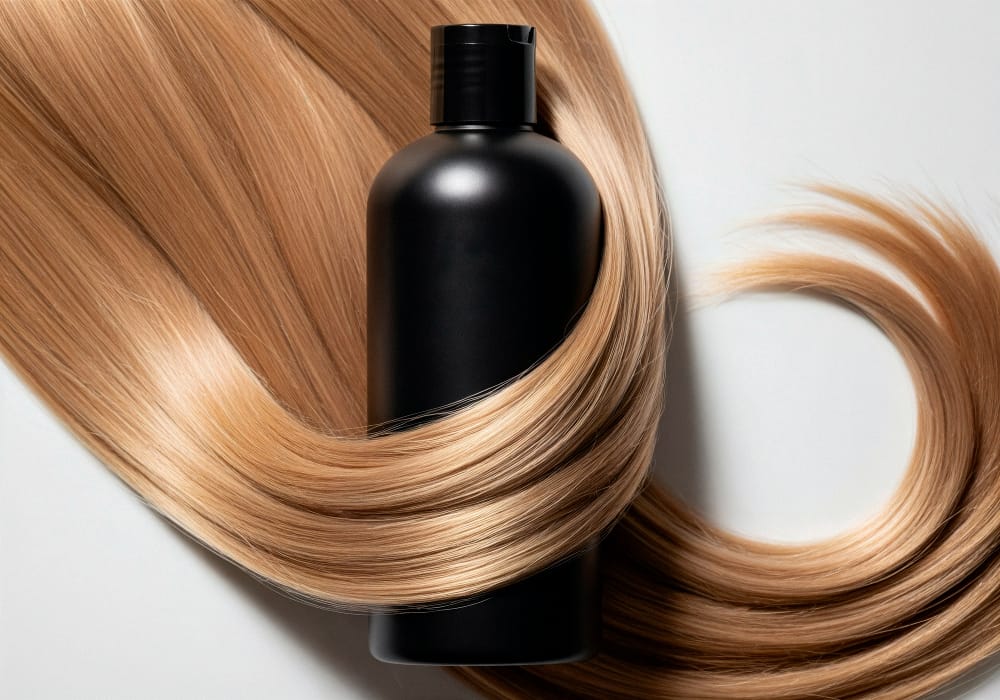 Produto para queda de cabelo com frasco preto envolvido por cabelo